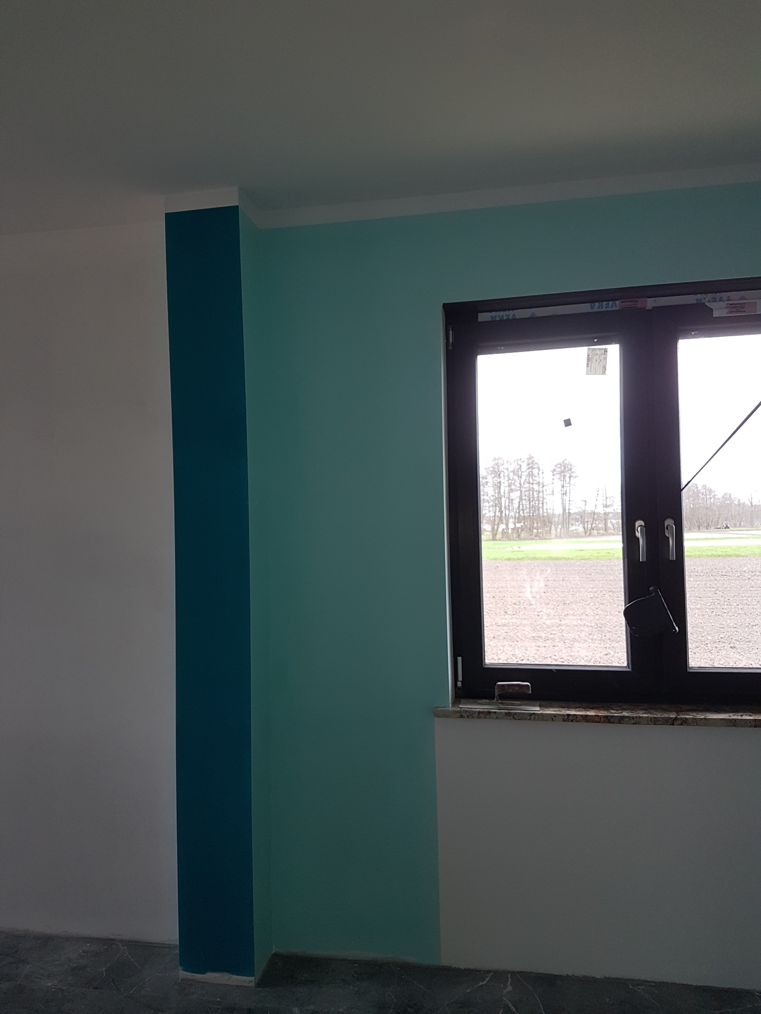 Świeżo pomalowane wnętrze z akcentem w postaci pionowego, ciemnoturkusowego pasa na ścianie, sąsiadującego z turkusową ścianą i oknem z widokiem na pole.