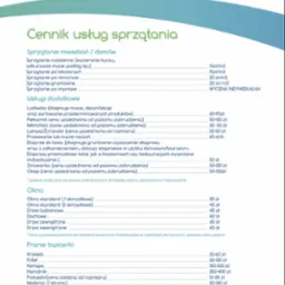 Cennik usług sprzątania firmy Wporządku, obejmujący sprzątanie mieszkań, biur, po remontach, mycie okien, pranie tapicerki i dywanów, z podanymi orientacyjnymi cenami.