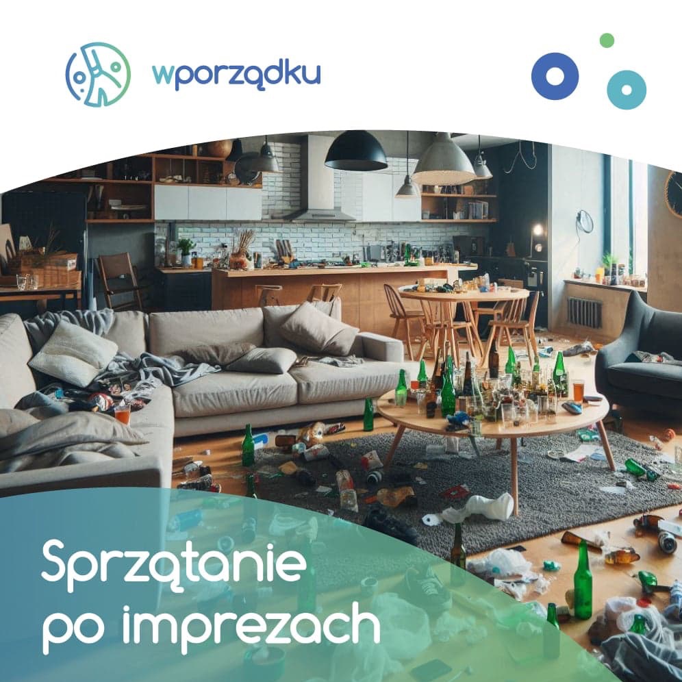 Salon po imprezie: porozrzucane butelki, puszki i śmieci na podłodze, stole i sofie, widoczna kuchnia w tle.