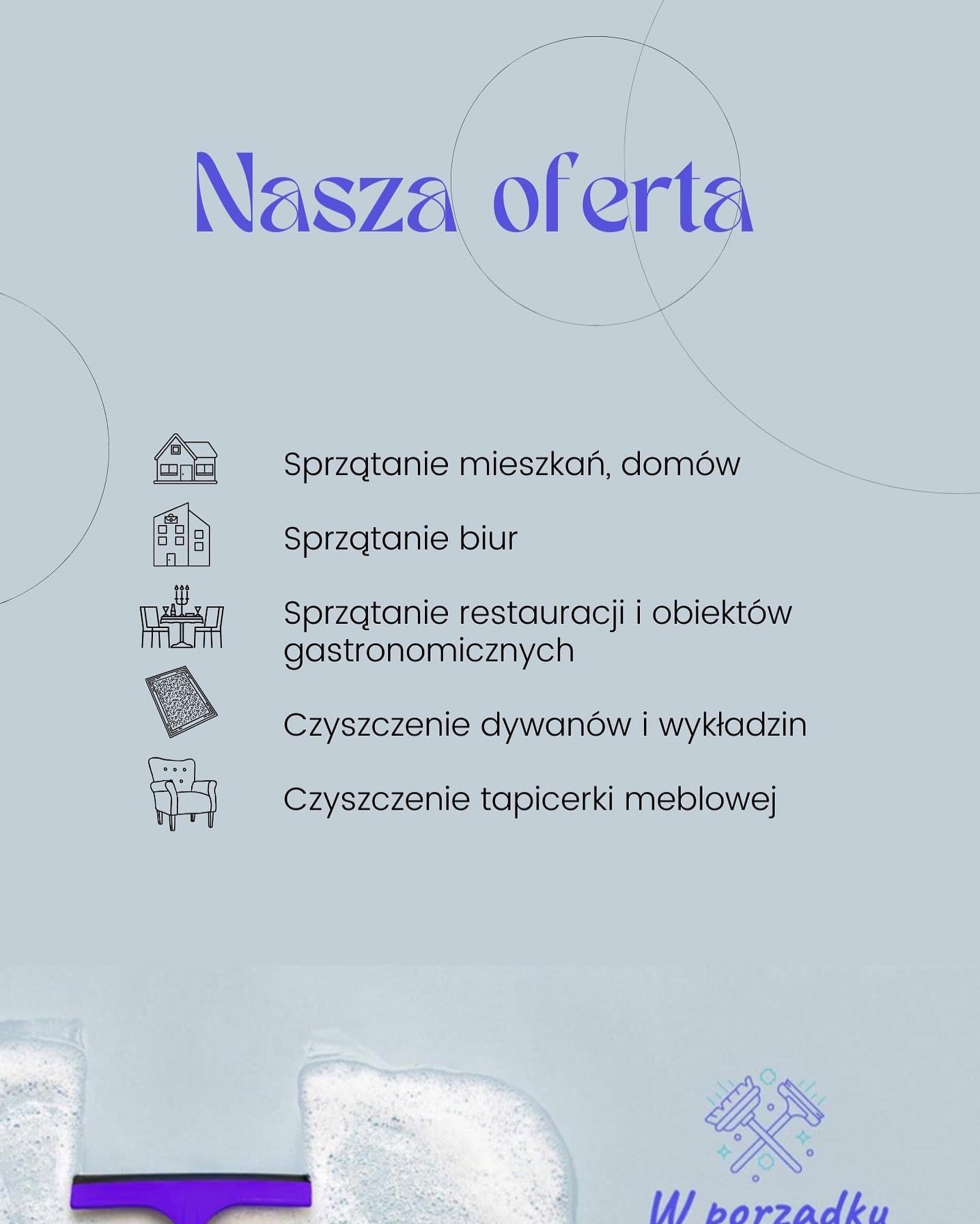 Grafika reklamowa z ofertą usług: sprzątanie mieszkań, biur, restauracji, czyszczenie dywanów i tapicerki meblowej, z motywem piany i fioletowej ściągaczki do wody w dolnej części.