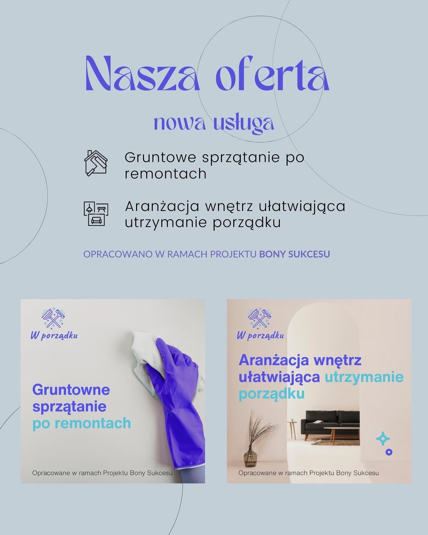 Grafika reklamowa firmy oferującej gruntowne sprzątanie po remontach oraz aranżację wnętrz ułatwiającą utrzymanie porządku, prezentująca dłoń w fioletowej rękawicy czyszczącą ścianę oraz aranżację...