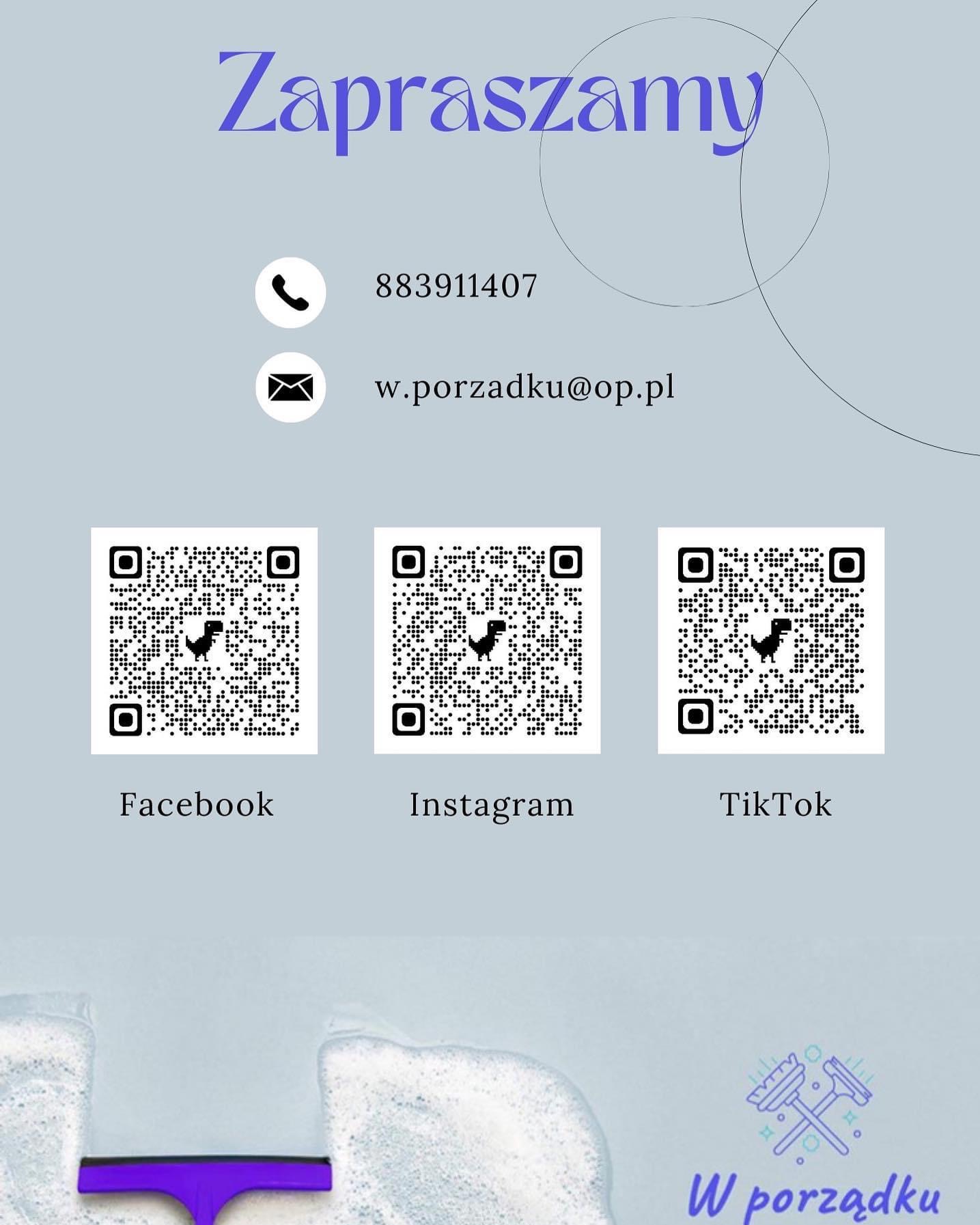 Grafika reklamowa firmy sprzątającej 'W porządku' z numerem telefonu, adresem e-mail, kodami QR do Facebooka, Instagrama i TikToka oraz symbolem ściągaczki do wody.