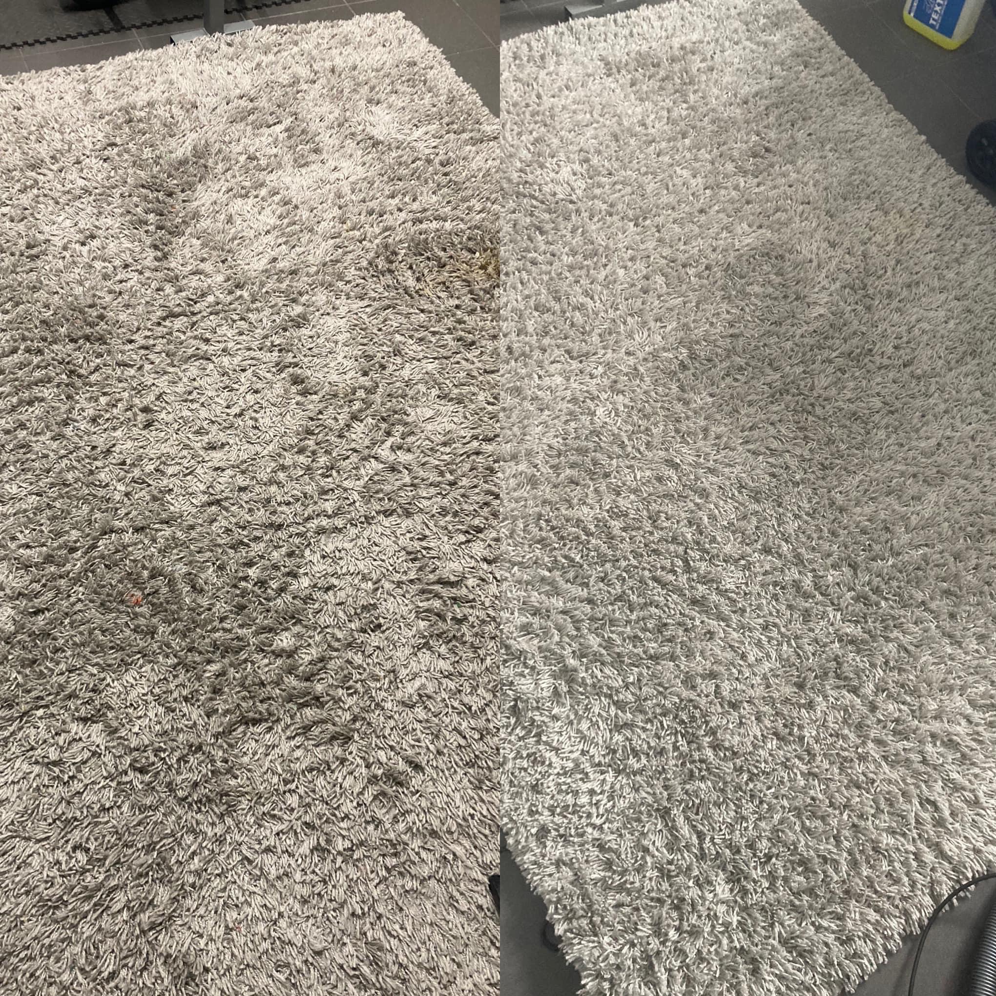 Porównanie dywanu shaggy przed i po czyszczeniu, widoczne wyraźne różnice w kolorze i usunięciu zabrudzeń.