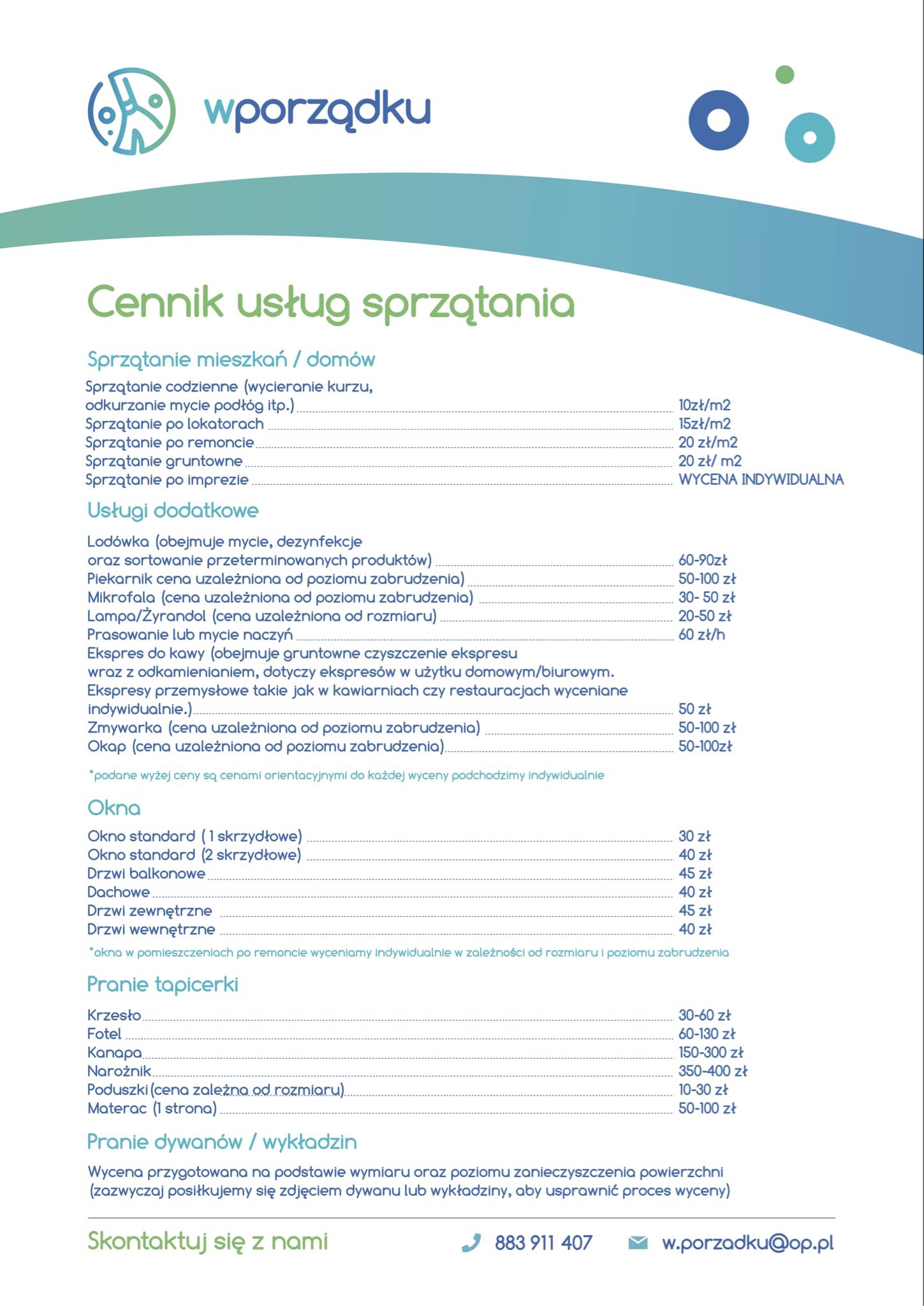 Cennik usług sprzątania firmy Wporządku, obejmujący sprzątanie mieszkań, biur, po remontach, mycie okien, pranie tapicerki i dywanów, z podanymi orientacyjnymi cenami.