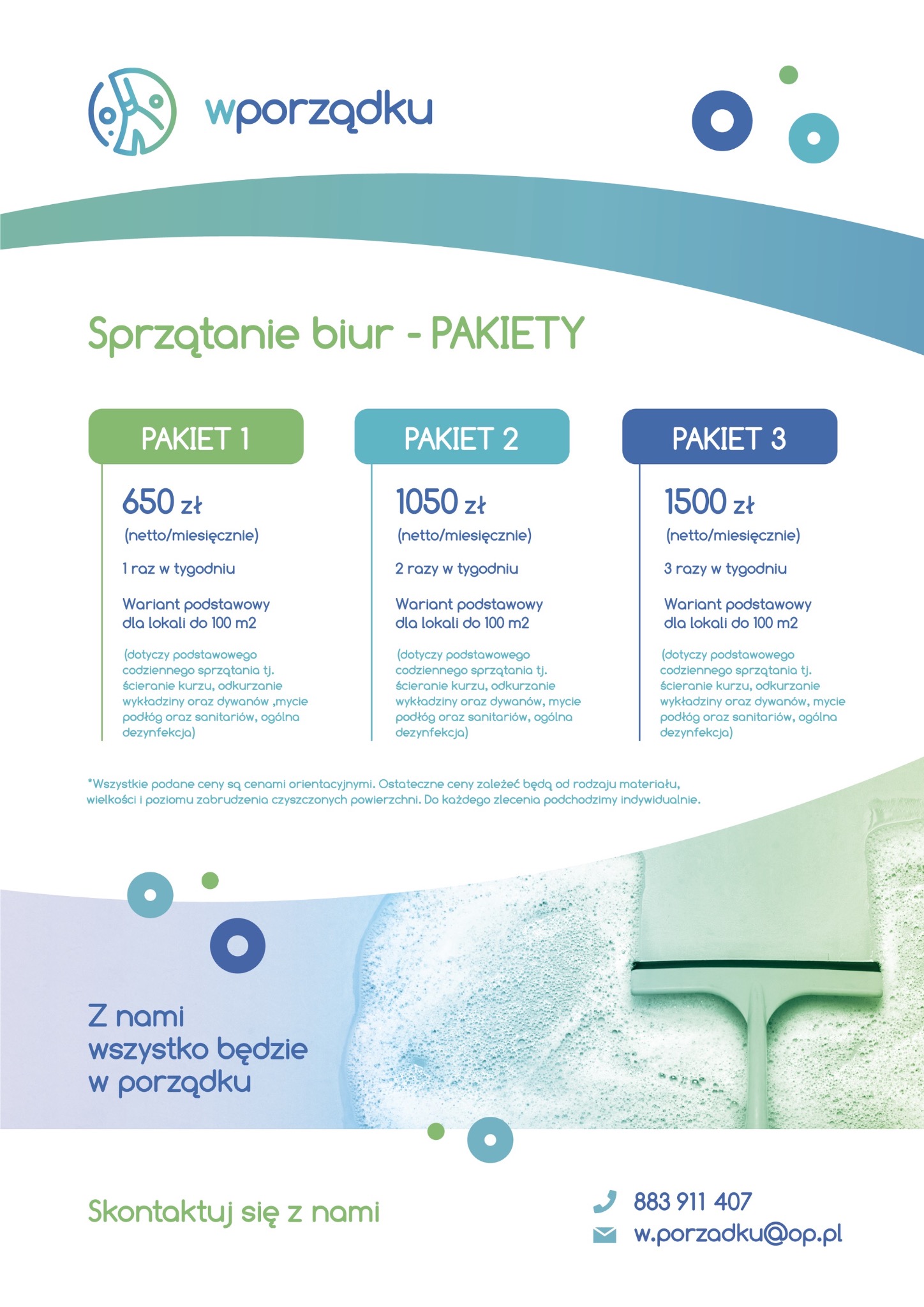 Grafika reklamowa firmy sprzątającej biura, prezentująca pakiety usług z cenami i zakresem prac, z użyciem logo firmy Wporządku i danych kontaktowych.