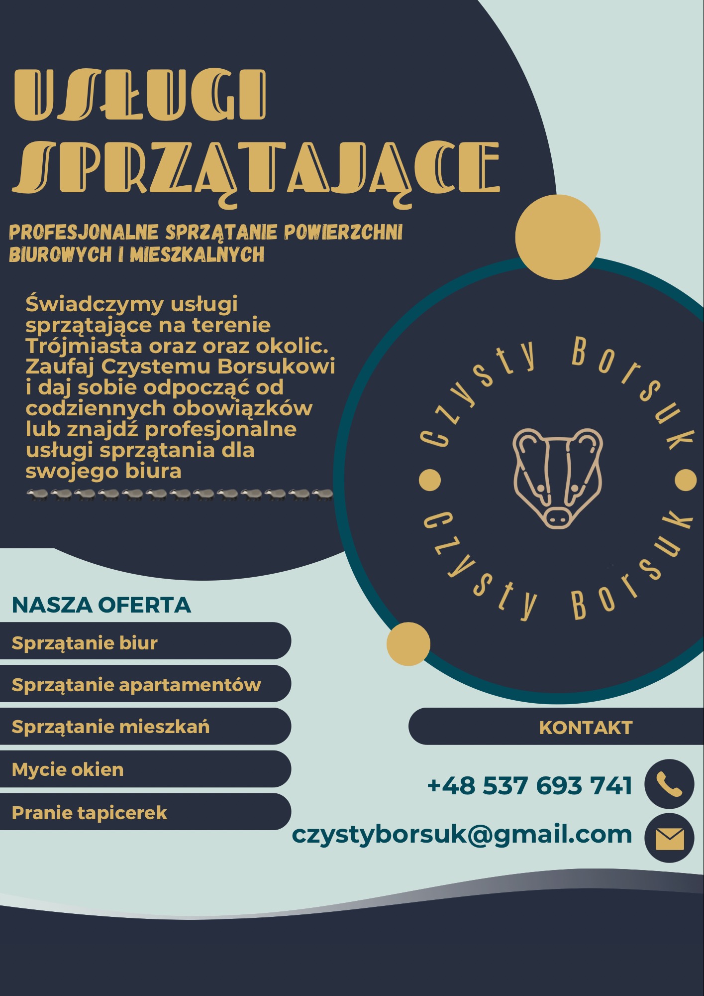 Grafika reklamowa firmy sprzątającej, oferującej profesjonalne usługi sprzątania biur i mieszkań na terenie Trójmiasta, z logotypem borsuka i danymi kontaktowymi.