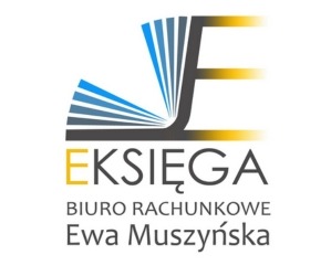 Logo biura rachunkowego EKSIĘGA Ewa Muszyńska. Stylizowana litera 'E' z elementami przypominającymi otwartą książkę, w kolorach niebieskim i żółtym. Pod spodem nazwa firmy i imię i nazwisko...