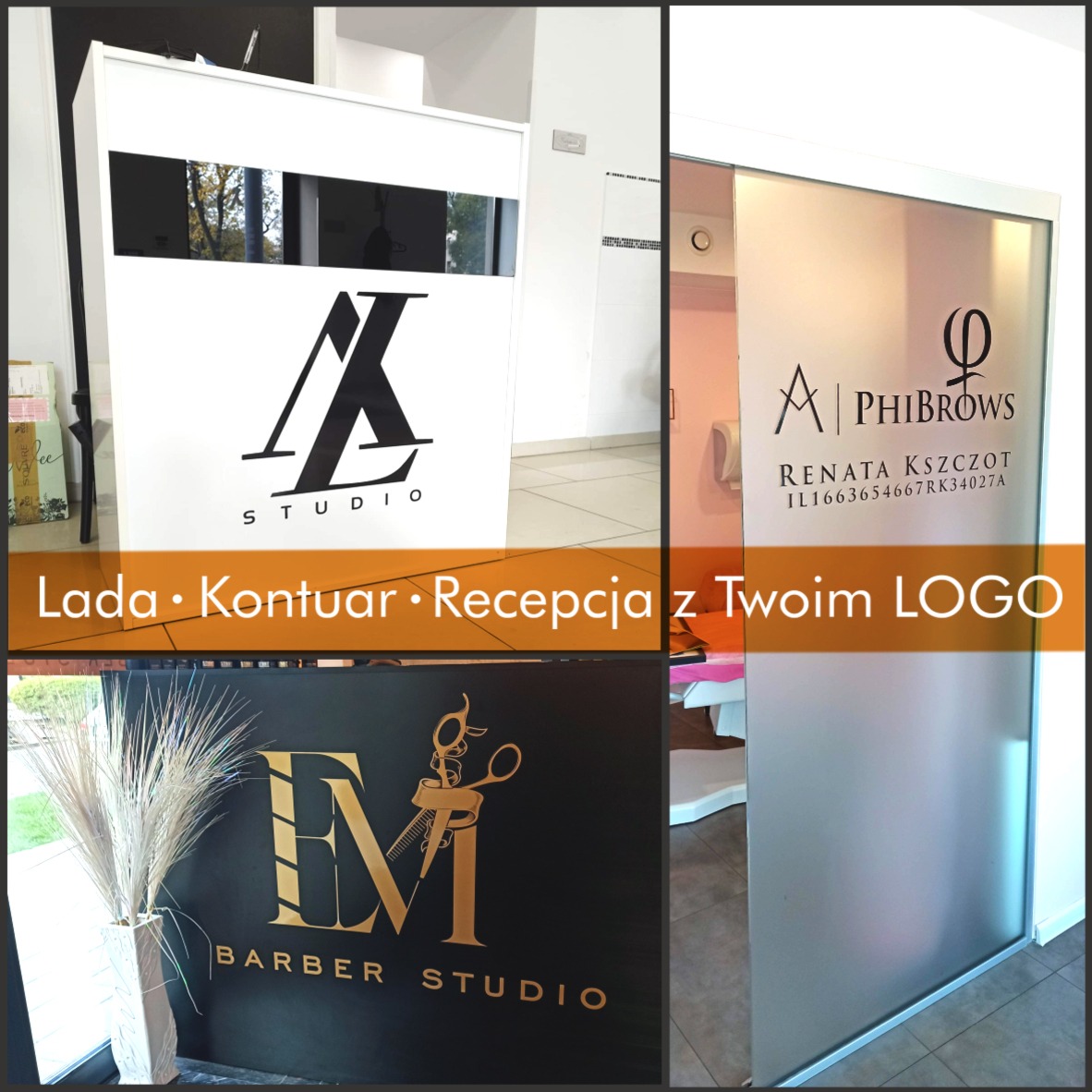 Kolaż przedstawiający trzy różne przykłady identyfikacji wizualnej: biała lada recepcyjna z czarnym logo, szklane drzwi z matową folią i napisem oraz czarna lada z złotym logo salonu fryzjerskiego.