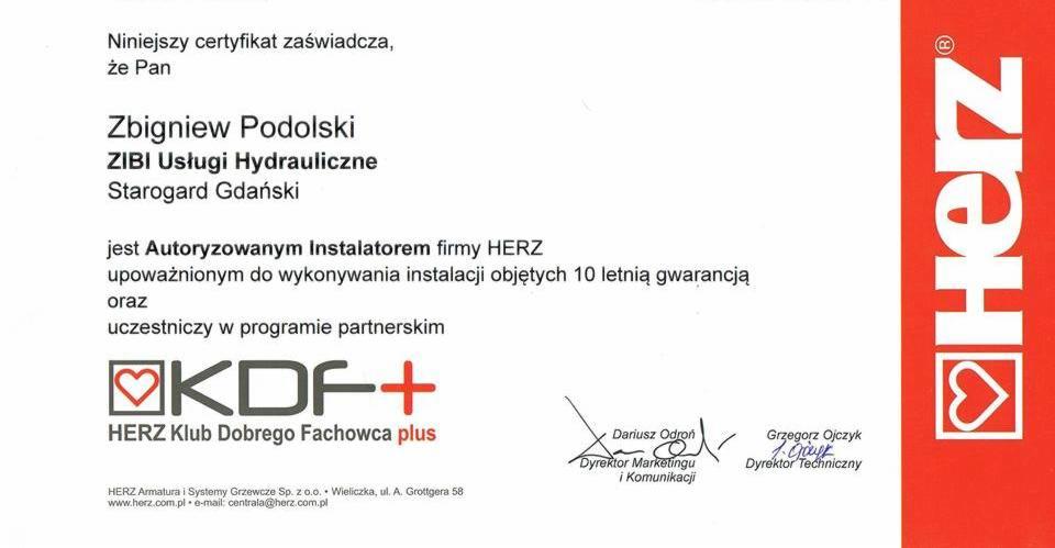 Certyfikat autoryzacji instalatora HERZ dla Zbigniewa Podolskiego z ZIBI Usługi Hydrauliczne, Starogard Gdański. Potwierdzenie uprawnień i 10-letniej gwarancji.