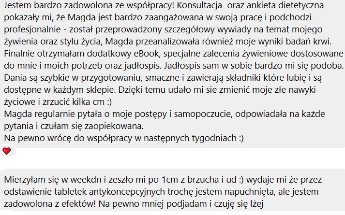 Zrzut ekranu czatu z pozytywną opinią klientki po konsultacjach i otrzymaniu spersonalizowanego jadłospisu, zadowolonej ze zmiany nawyków żywieniowych i pierwszych efektów.