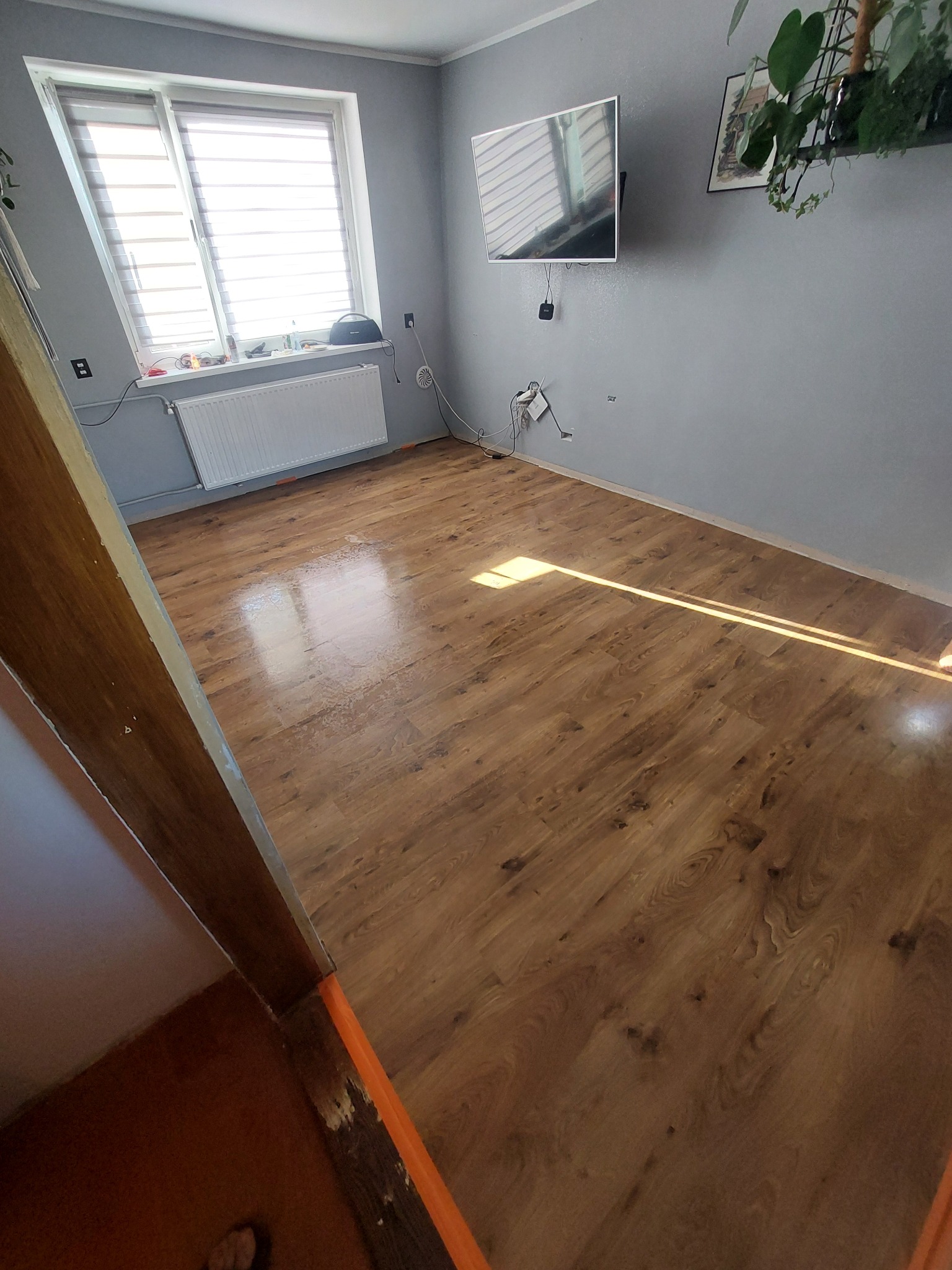 Ułożone panele podłogowe w pokoju z szarą ścianą, białym grzejnikiem i telewizorem na ścianie. Widoczny fragment futryny drzwi.