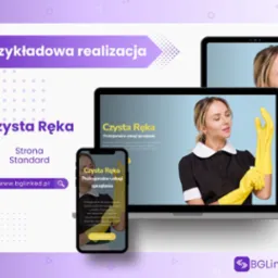 Prezentacja strony internetowej 'Czysta Ręka' na laptopie i smartfonie, promującej profesjonalne usługi sprzątania, z wizerunkiem kobiety w stroju sprzątaczki i żółtych rękawicach.