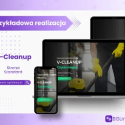 Prezentacja responsywnej strony internetowej V-Cleanup na laptopie, tablecie i smartfonie, z widocznym motywem czyszczenia wykładzin we Wrocławiu i przyciskiem 'Dowiedz się więcej'.