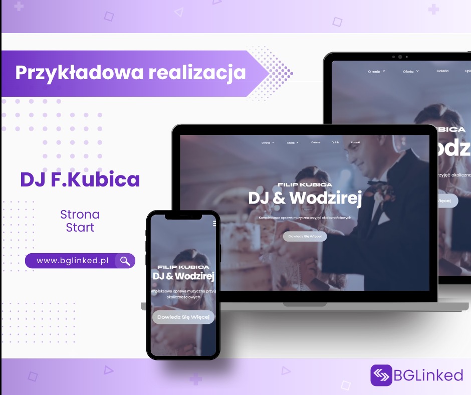 Prezentacja responsywnej strony internetowej DJ'a i Wodzireja na laptopie, tablecie i smartfonie, z widocznym logo i adresem strony.