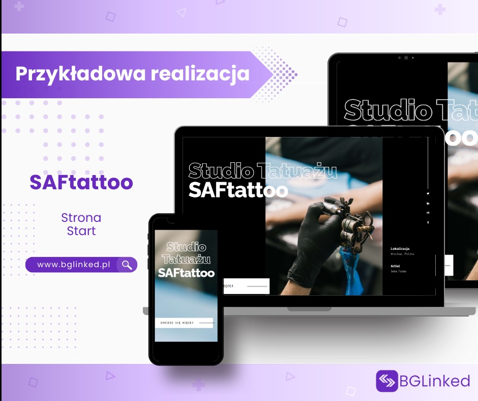 Prezentacja responsywnej strony internetowej studia tatuażu SAFtattoo na laptopie, tablecie i smartfonie, z widocznym motywem przewodnim i treścią strony startowej.