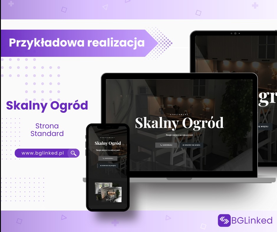 Prezentacja responsywnego projektu strony internetowej 'Skalny Ogród' na urządzeniach: smartfon, laptop i tablet, z widocznym logo firmy BGLinked w prawym dolnym rogu.