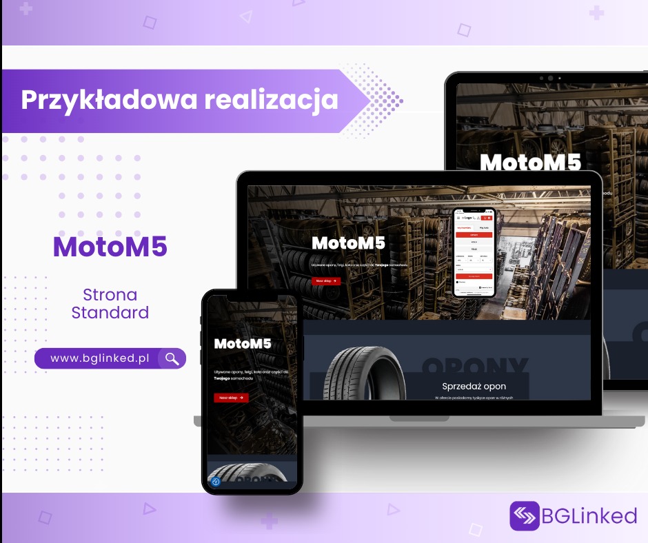 Prezentacja responsywnej strony internetowej MotoM5 na laptopie, tablecie i smartfonie, z widocznym motywem opon i magazynu opon, z logotypem w lewym górnym rogu i przyciskiem 'Nasz sklep'.