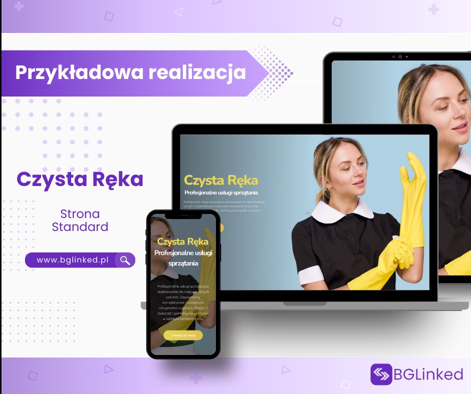 Prezentacja strony internetowej 'Czysta Ręka' na laptopie i smartfonie, promującej profesjonalne usługi sprzątania, z wizerunkiem kobiety w stroju sprzątaczki i żółtych rękawicach.