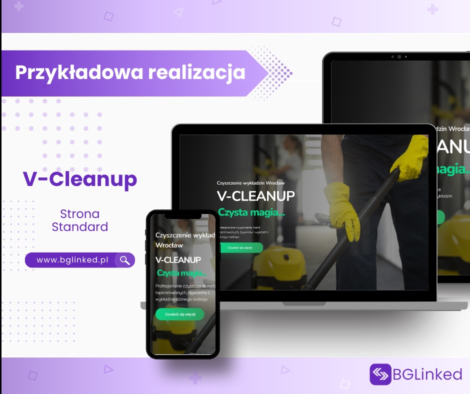 Prezentacja responsywnej strony internetowej V-Cleanup na laptopie, tablecie i smartfonie, z widocznym motywem czyszczenia wykładzin we Wrocławiu i przyciskiem 'Dowiedz się więcej'.