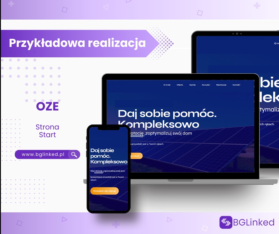 Prezentacja responsywnej strony internetowej OZE na laptopie, smartfonie i tablecie z hasłem 'Daj sobie pomóc. Kompleksowo' i motywem paneli słonecznych w tle, branding BLinked.