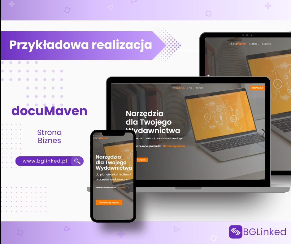 Prezentacja responsywnej strony internetowej docuMaven na laptopie, tablecie i smartfonie, z widocznym panelem nawigacyjnym i treścią strony głównej, skierowanej do branży wydawniczej.