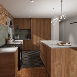 Pod Klucz Agata Malinowska - Wizualizacja projektu kuchni w Płocku: drewniane szafki, wyspa z szarym blatem, płytki na ścianie nad blatem, designerska lampa nad wyspą, czarno-biała podłoga.