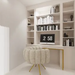 Kremowe krzesło z charakterystycznym oparciem na złotych nóżkach przy białym biurku z komputerem, w tle biała biblioteczka z książkami i dekoracjami, minimalistyczny wystrój gabinetu.