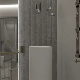 Nowoczesna łazienka z wolnostojącą umywalką, baterią w kolorze szczotkowanego złota i wiszącymi szklanymi lampami na tle ściany z szarego kamienia. Widoczny grzejnik drabinkowy w chromie i fragment...