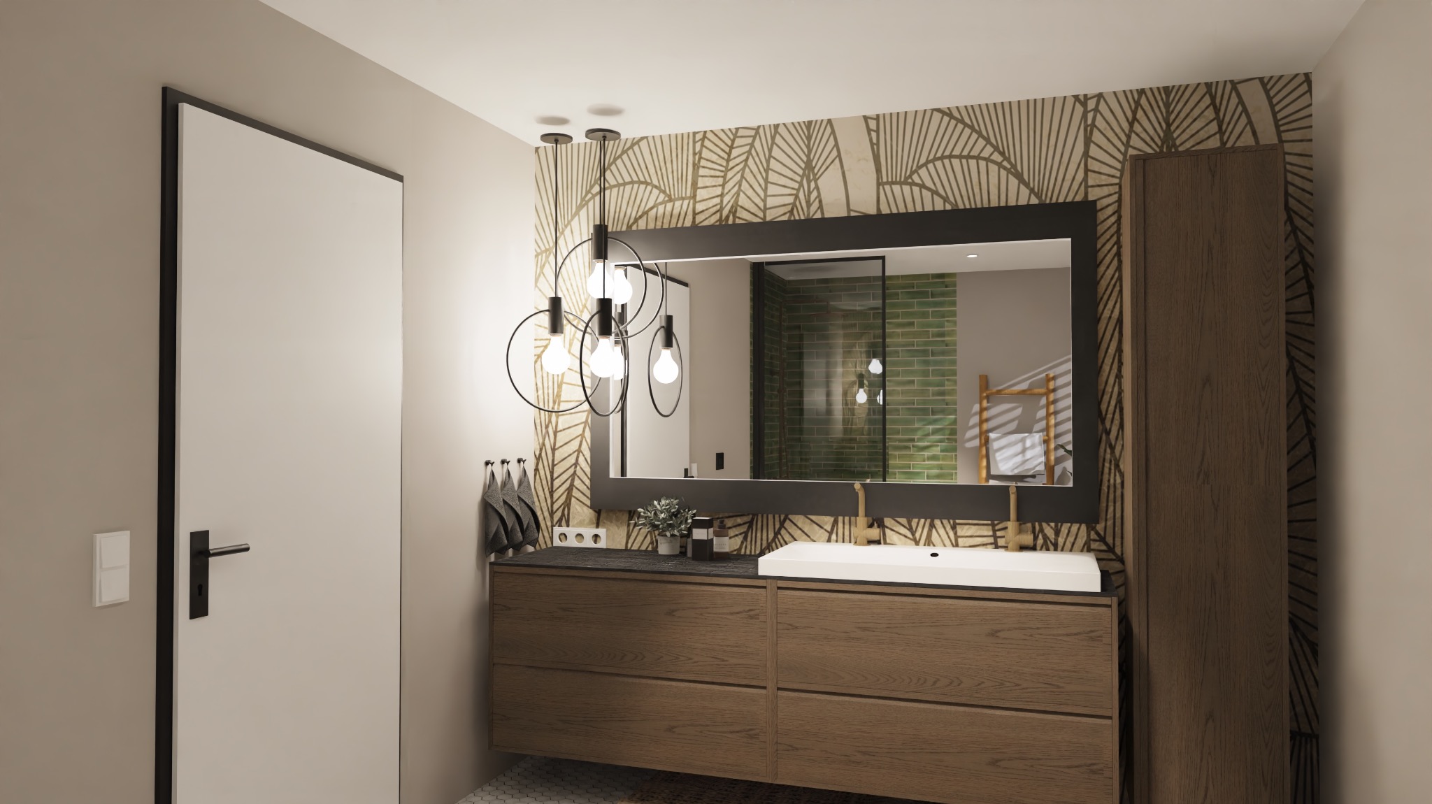 Nowoczesna łazienka z drewnianą szafką pod umywalką, lustrem w czarnej ramie, wzorzystą tapetą w odcieniach beżu i brązu oraz designerską lampą wiszącą z okrągłymi kloszami, widoczny fragment...