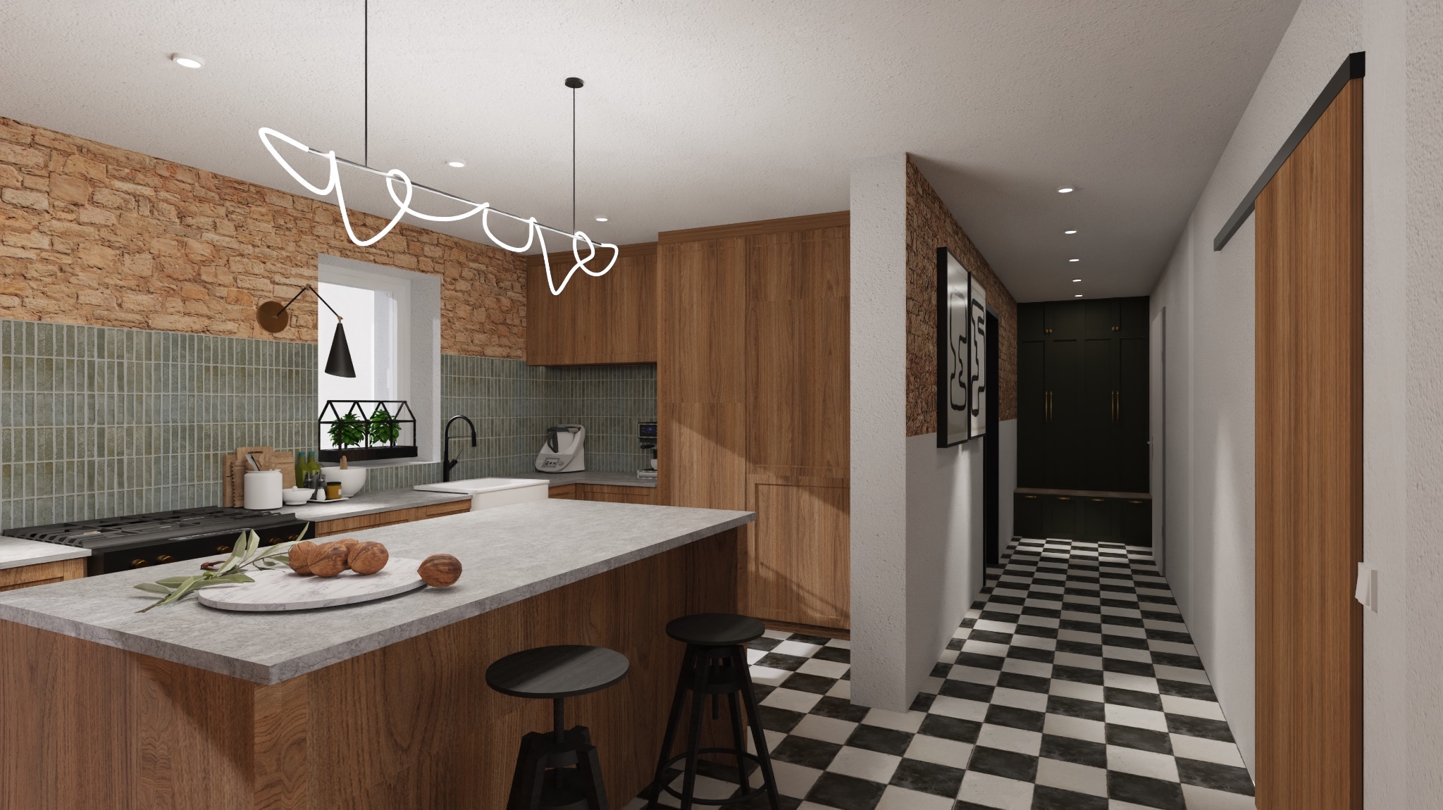 Wizualizacja kuchni z ceglaną ścianą, zielonymi płytkami, drewnianymi szafkami, wyspą z blatem z szarego kamienia i czarnymi hokerami, oświetlona lampą w kształcie linii oraz z widokiem na korytarz...