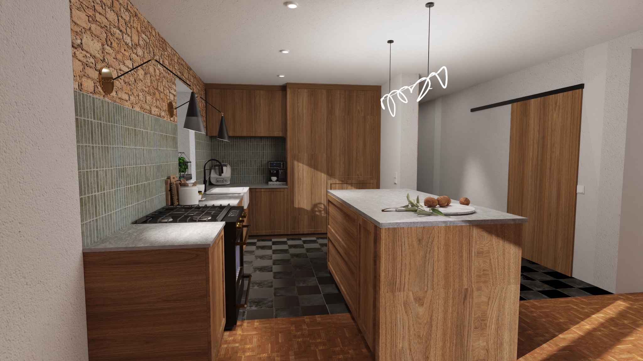 Wizualizacja projektu kuchni w Płocku: drewniane szafki, wyspa z szarym blatem, płytki na ścianie nad blatem, designerska lampa nad wyspą, czarno-biała podłoga.