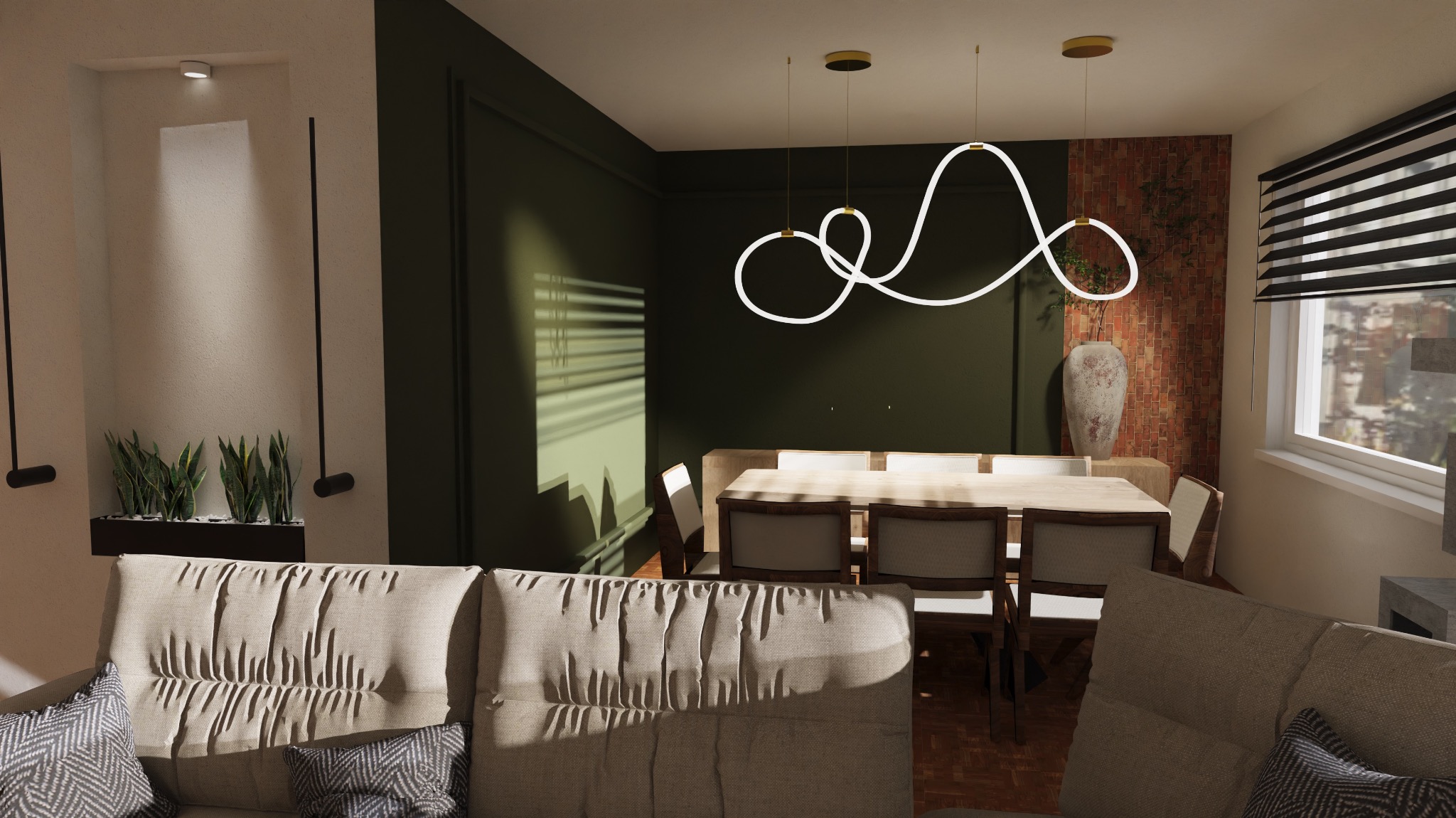 Wizualizacja salonu z jadalnią, sofa z poduszkami w pierwszym planie, stół z krzesłami oświetlony nowoczesną lampą wiszącą, dekoracyjna ściana z cegły i rolety w oknie.