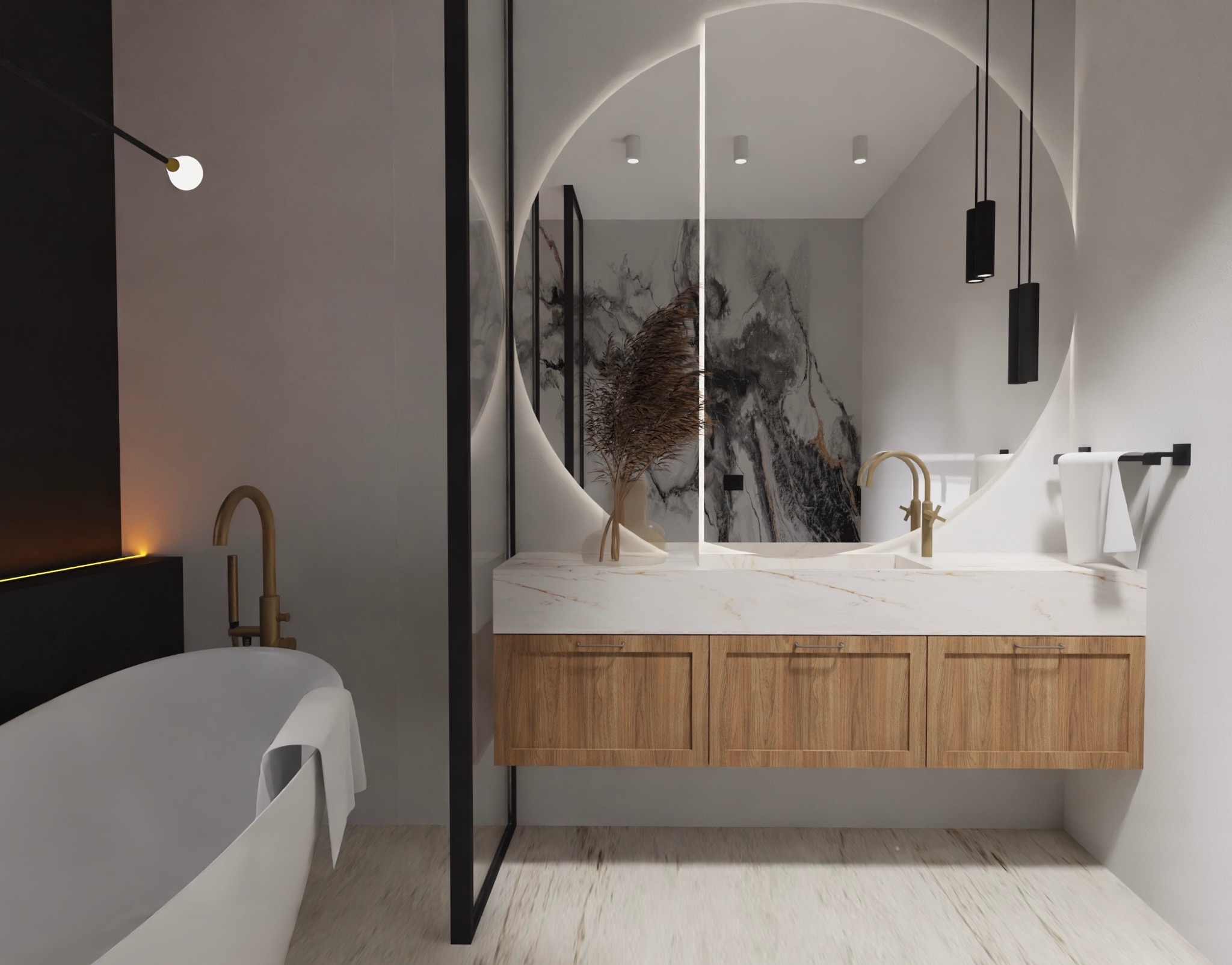 Nowoczesna łazienka z okrągłym lustrem podświetlanym LED, marmurowym blatem i drewnianymi szafkami, złota armatura, dekoracyjny bukiet w wazonie, widoczna wanna.
