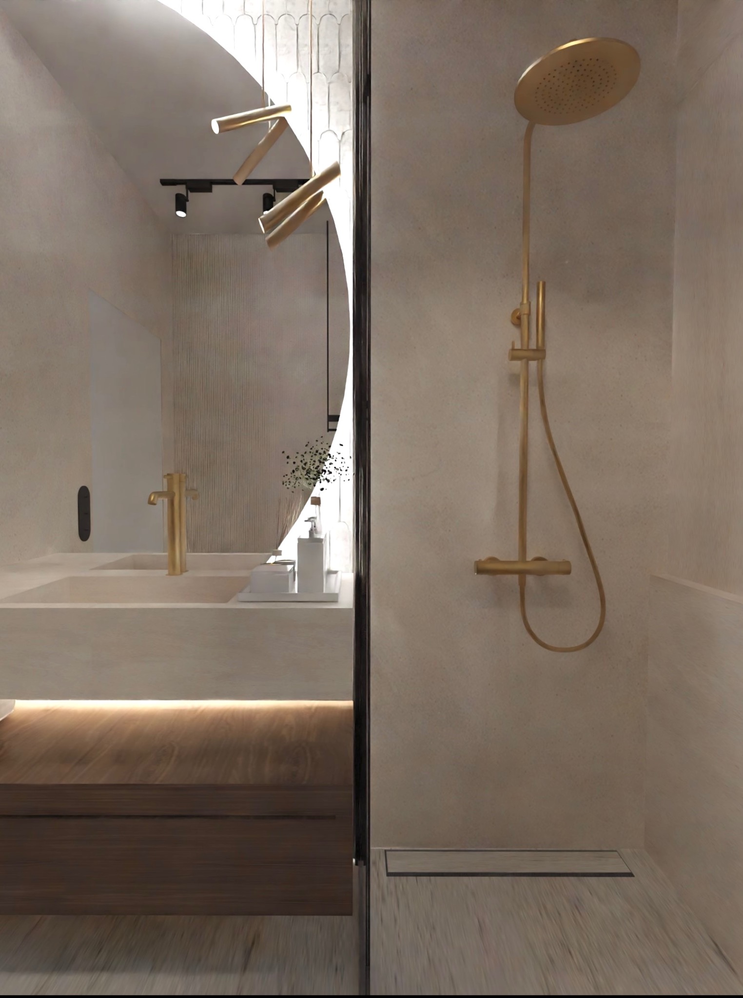 Nowoczesna łazienka z beżowymi ścianami, złotą armaturą i deszczownicą, podświetlaną szafką pod umywalką i dekoracyjnym oświetleniem sufitowym