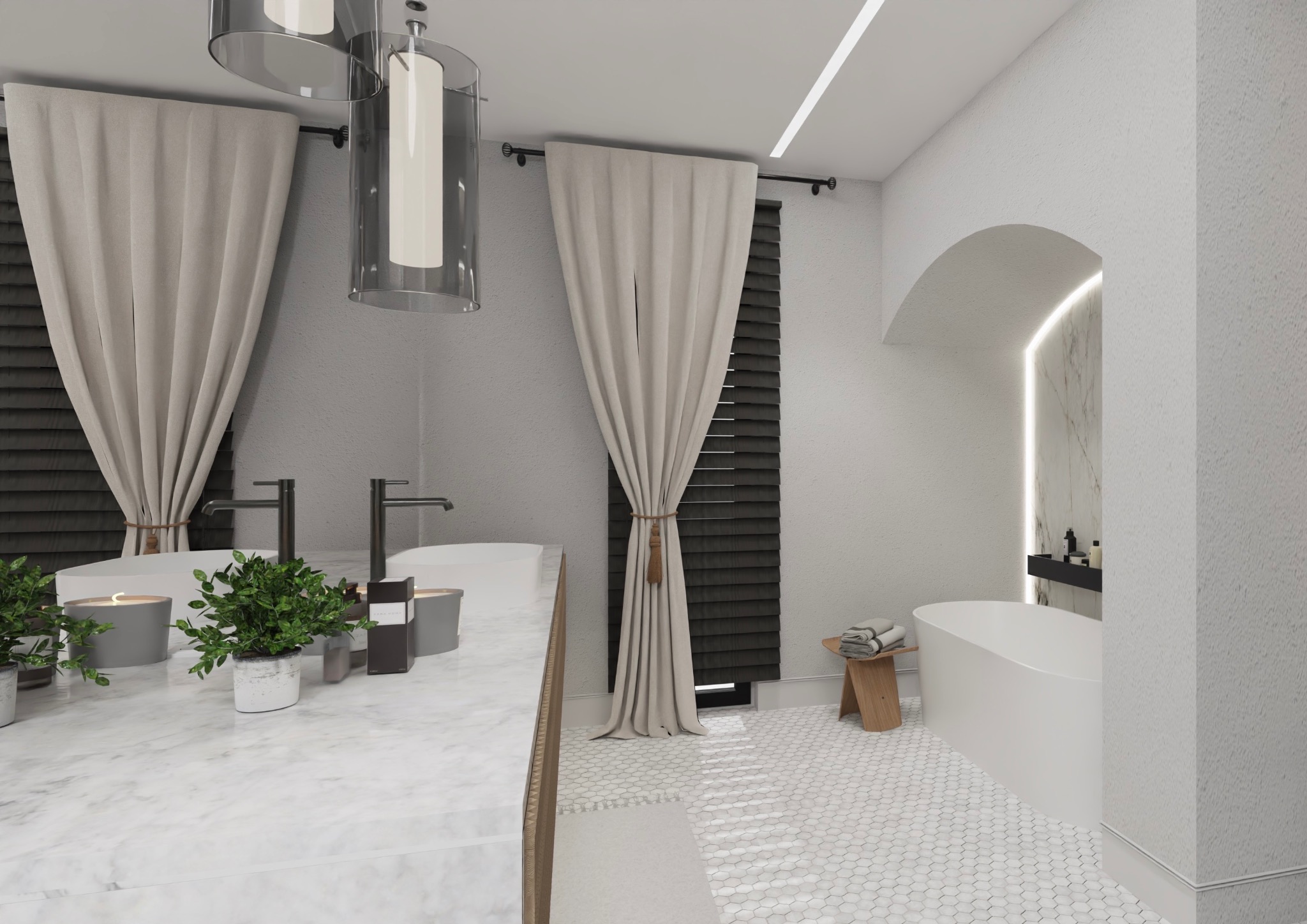 Nowoczesna łazienka z marmurowym blatem, czarnymi bateriami, roślinami w doniczkach, zasłonami w oknach z żaluzjami i wolnostojącą wanną w tle.