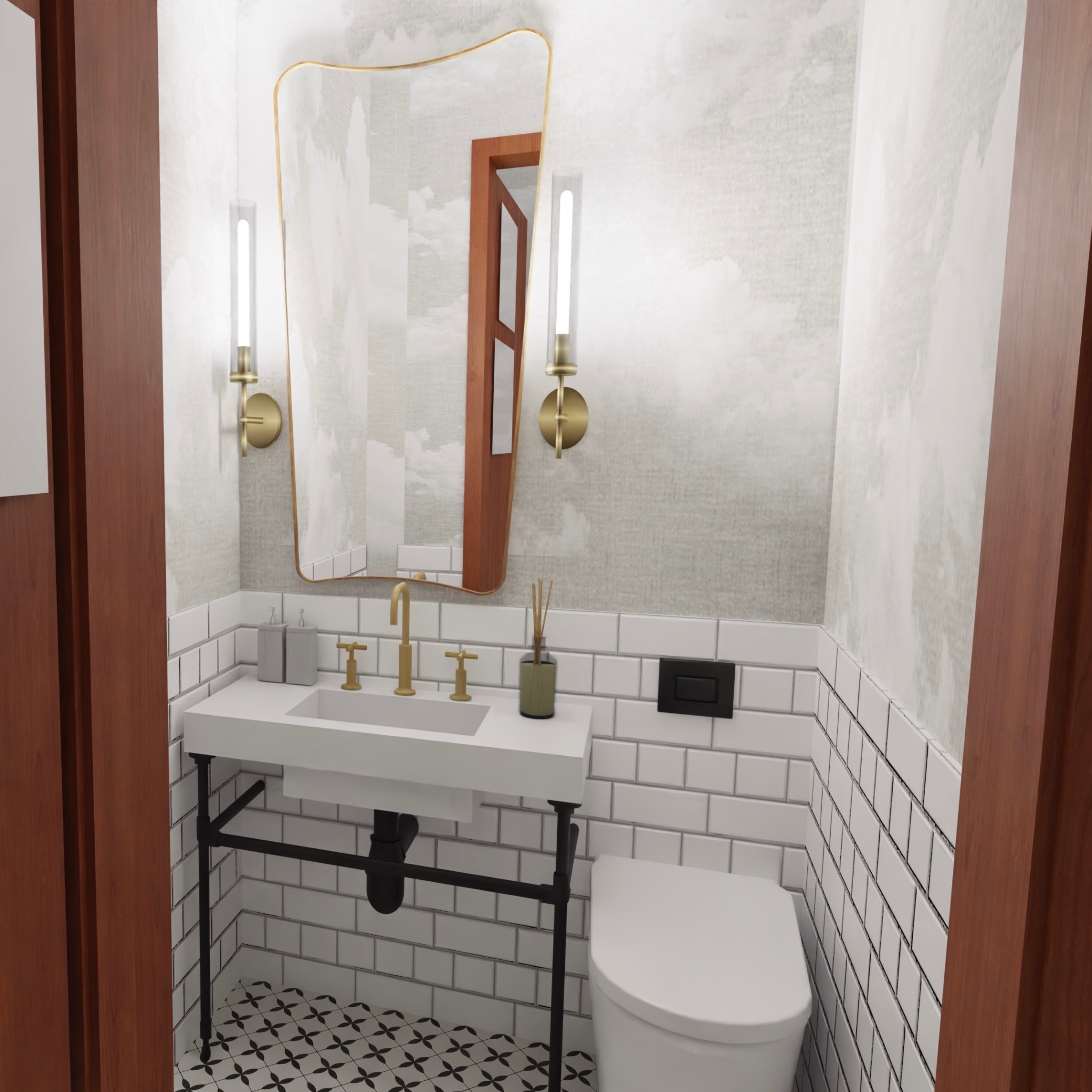 Nowoczesna łazienka z białą umywalką na czarnym stelażu, złotą armaturą, asymetrycznym lustrem z podświetleniem i płytkami typu metro oraz wzorzystą podłogą.