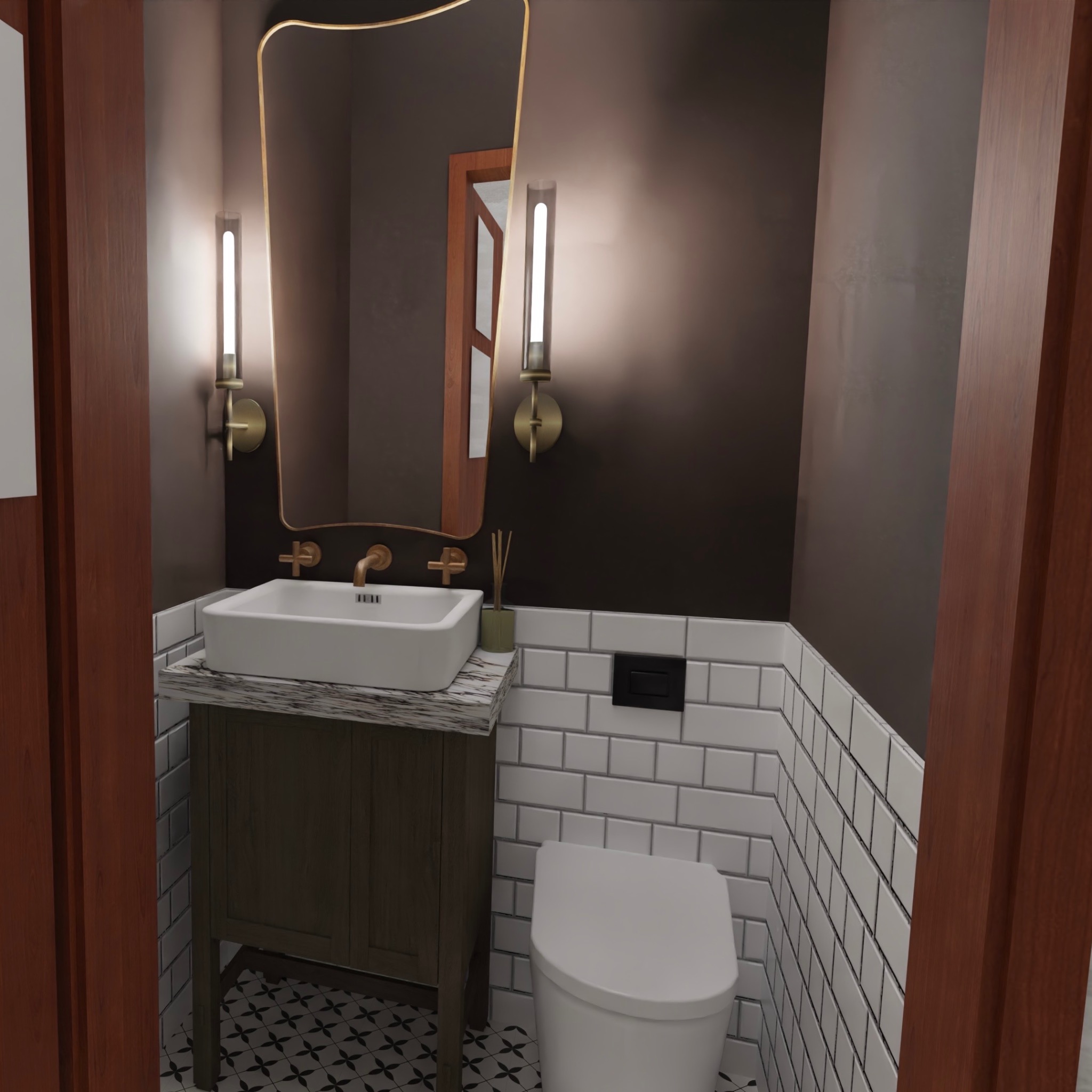 Nowoczesna łazienka w odcieniach brązu i bieli z umywalką nablatową, podświetlanym lustrem o nieregularnym kształcie, minimalistycznymi lampami ściennymi, białą toaletą i mozaiką podłogową...