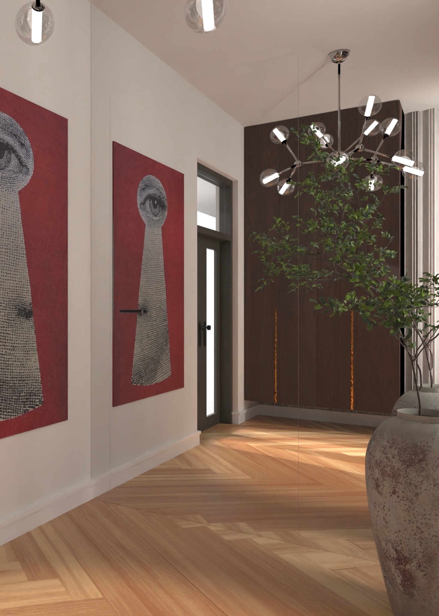 Nowoczesny przedpokój z parkietem w jodełkę, czerwonymi obrazami z motywem dziurki od klucza, minimalistyczną szafą z ciemnego drewna i dekoracyjną lampą sufitową z kulistymi żarówkami, uzupełniony...