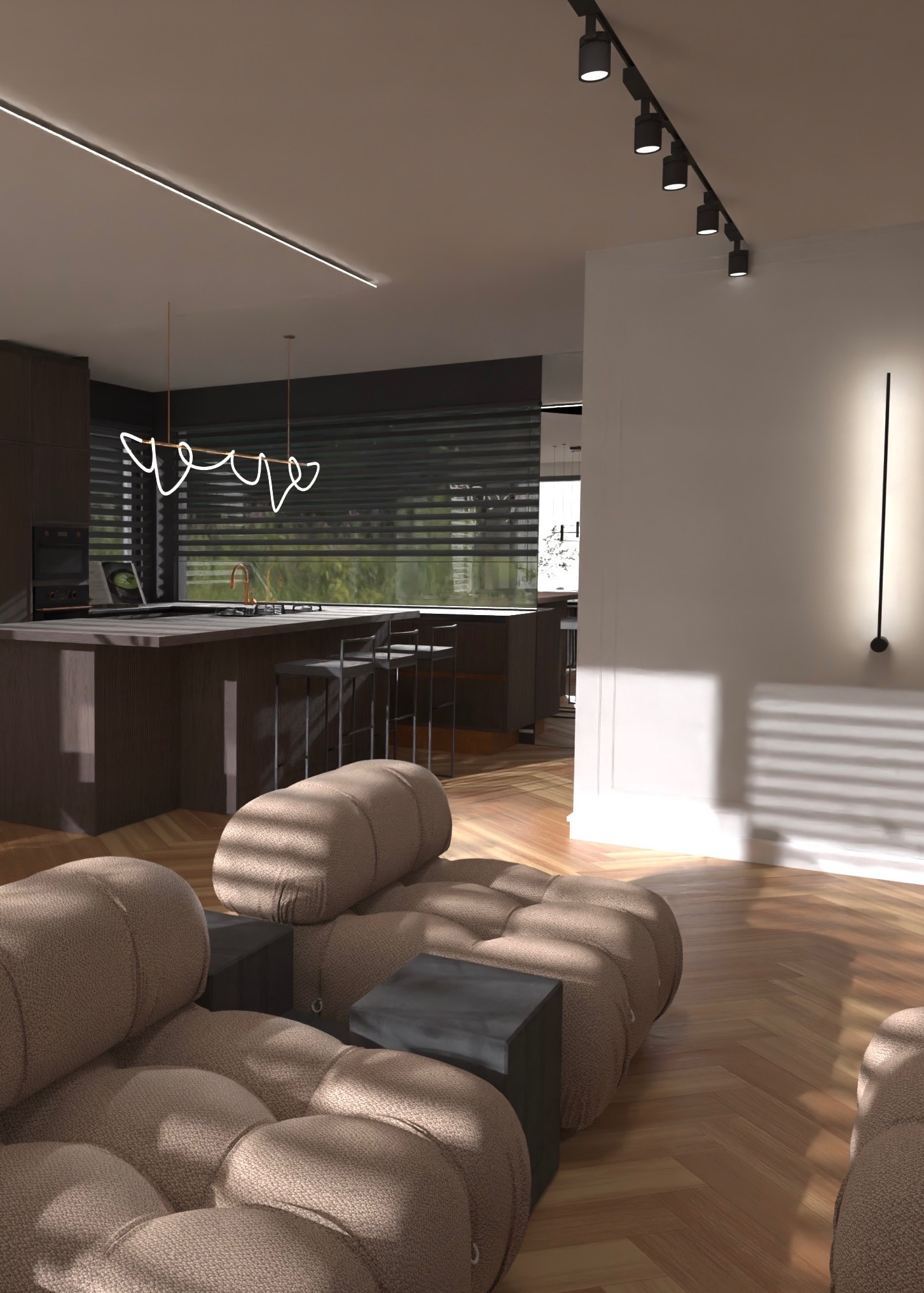 Wnętrze nowoczesnego salonu z otwartą kuchnią, beżowa sofa modułowa z niskimi stolikami, drewniana podłoga w jodełkę, wyspa kuchenna z hokerami i oświetleniem LED, listwa oświetleniowa na ścianie.