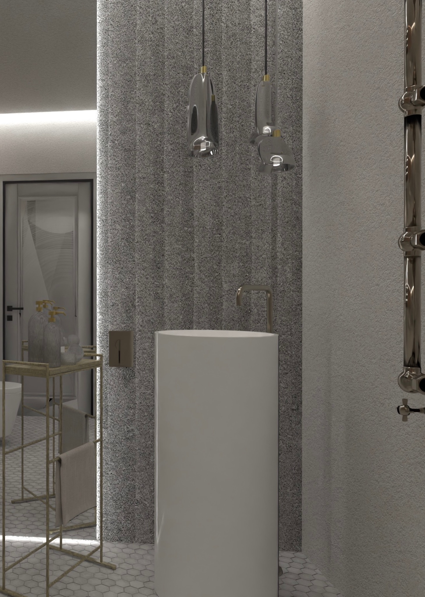 Nowoczesna łazienka z wolnostojącą umywalką, baterią w kolorze szczotkowanego złota i wiszącymi szklanymi lampami na tle ściany z szarego kamienia. Widoczny grzejnik drabinkowy w chromie i fragment...