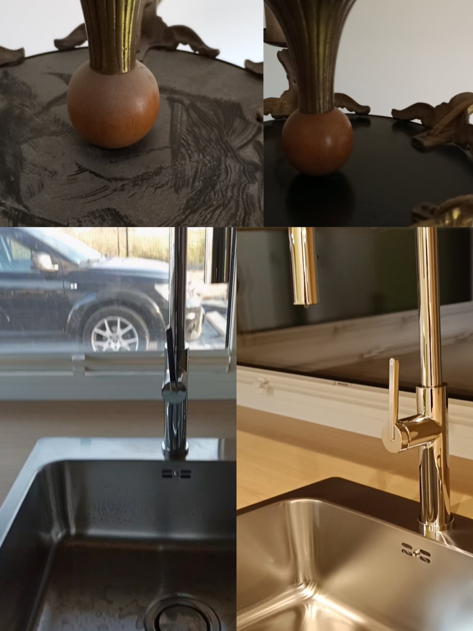 Porównanie: zlew przed i po czyszczeniu. Górne kadry ukazują zabrudzony stół. Dolne kadry prezentują zlew: po lewej brudny, po prawej błyszczący, po czyszczeniu.