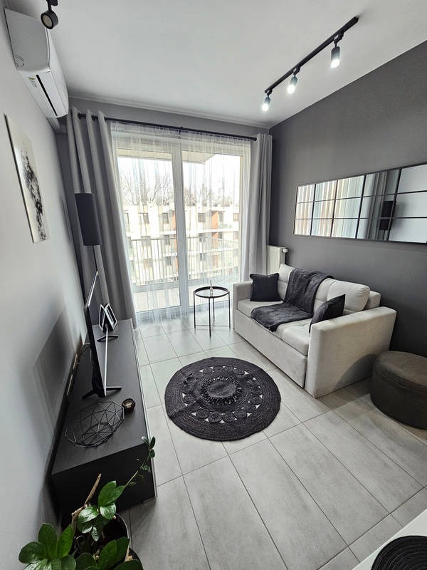 Nowoczesny salon w szarościach: sofa z poduszkami, okrągły dywan, TV na szafce RTV, balkon z widokiem na budynek. Minimalistyczny design, jasne płytki podłogowe.