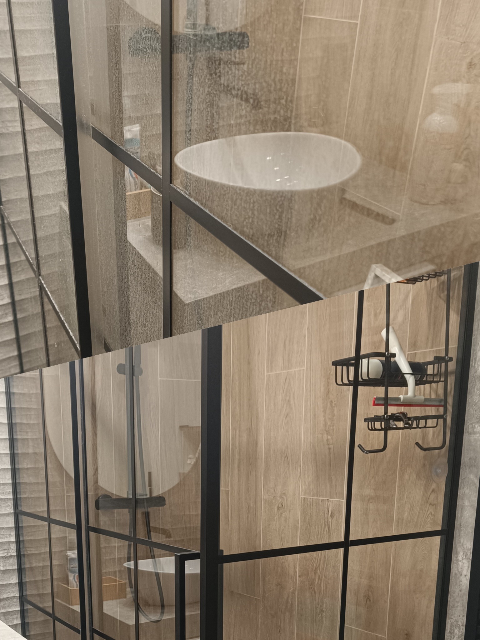 Kabina prysznicowa typu walk-in z czarnymi profilami i armaturą, widoczna umywalka i półka z akcesoriami. Płytki imitujące drewno na ścianach.