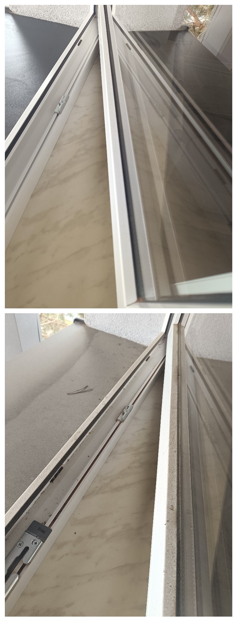 Brudne ramy okienne przed czyszczeniem, widoczne zabrudzenia i kurz w szczelinach. Okna wymagają dokładnego umycia i konserwacji.