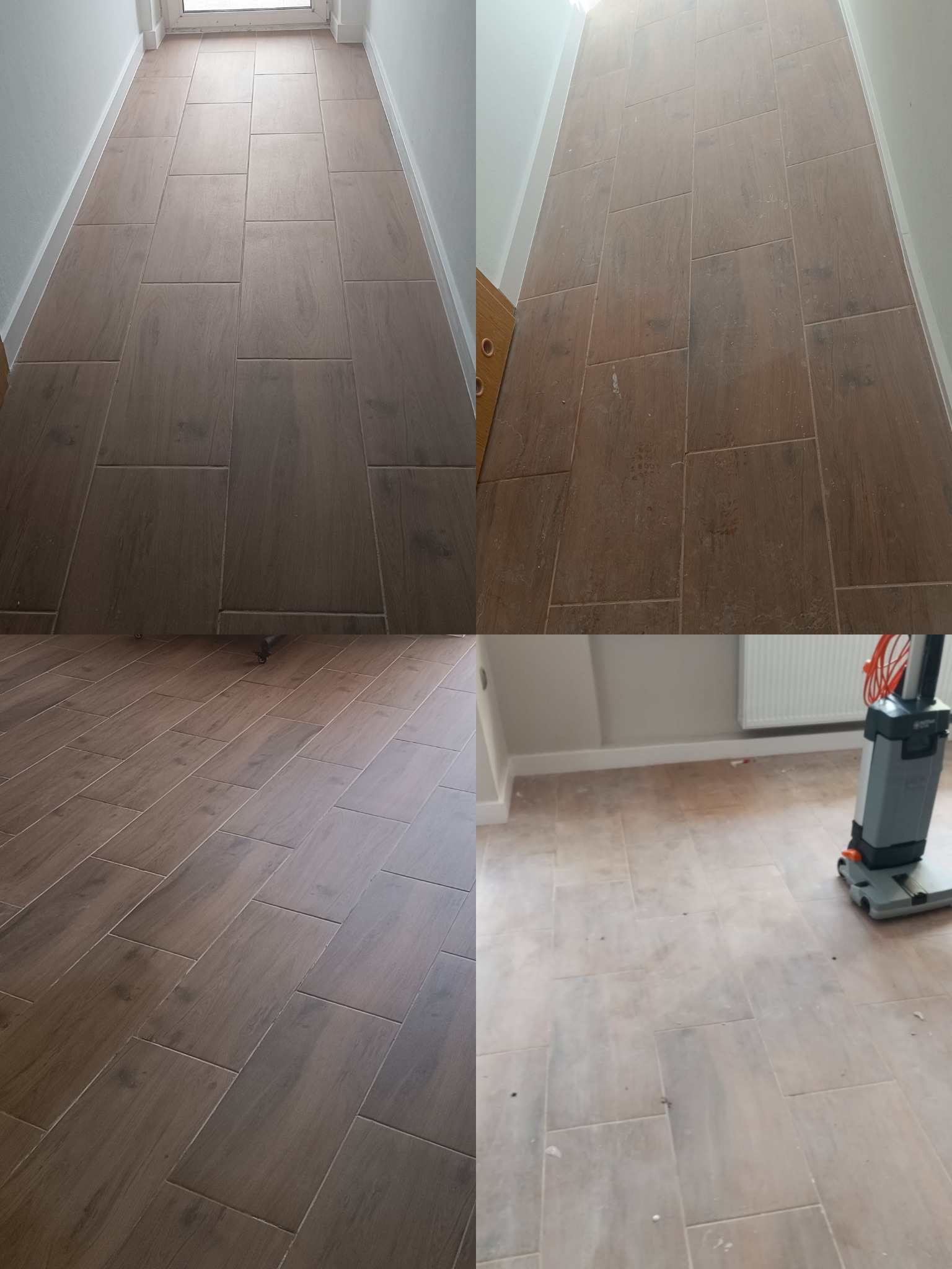 Czteropanelowe ujęcie podłogi z płytek: przed i w trakcie czyszczenia. Widoczne różnice w kolorze i czystości płytek. Na jednym z paneli maszyna czyszcząca.