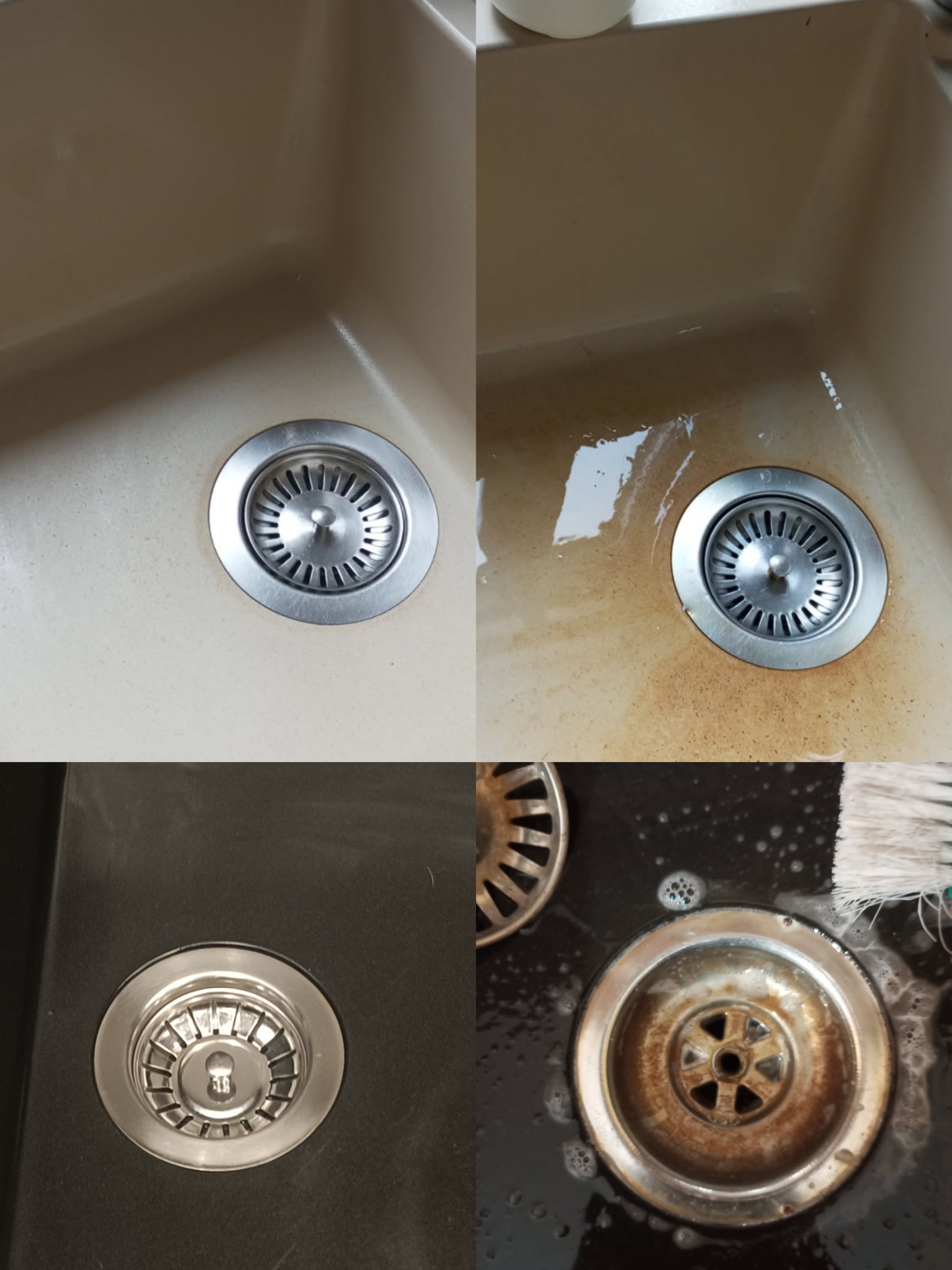 Zestawienie stanu zlewu przed i po czyszczeniu. Dwa beżowe i dwa czarne zlewy z widocznymi zabrudzeniami i po wyczyszczeniu, ukazujące skuteczność usługi.