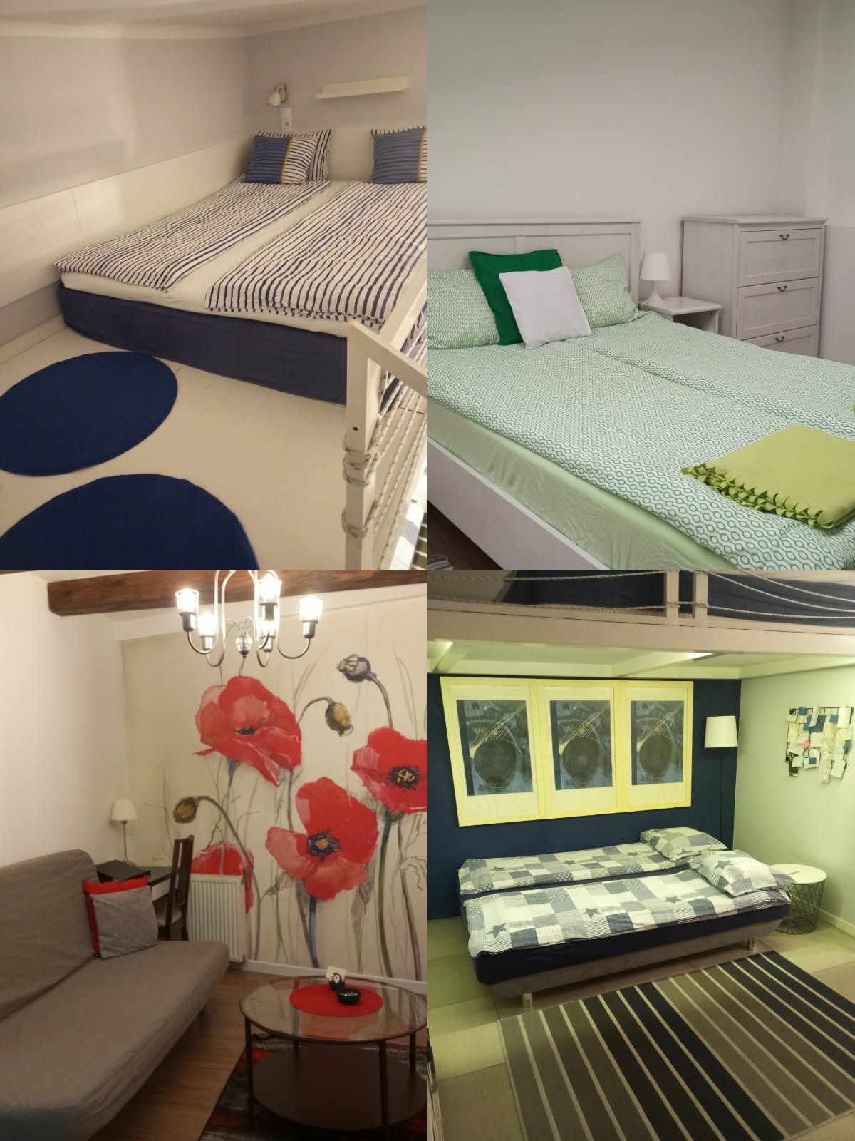 Kolaż czterech różnych, schludnych sypialni: marynistyczna, zielona, z makami i w odcieniach szarości. Każda z nich jest gotowa na przyjęcie gości.