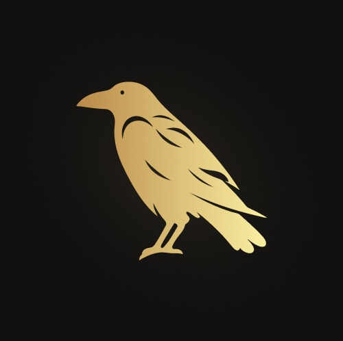 Złoty, stylizowany wizerunek kruka na czarnym tle, potencjalne logo firmy.