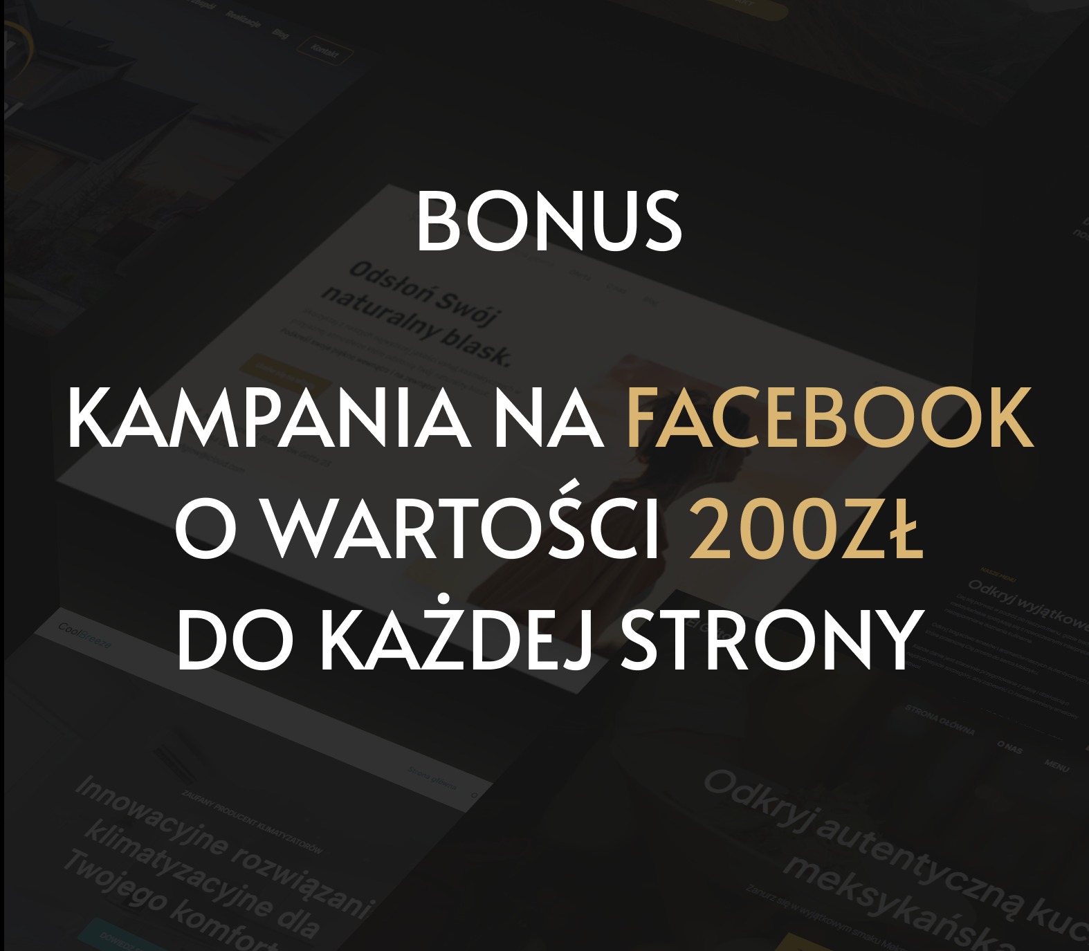 Ekran laptopa prezentujący kilka stron internetowych z tekstem 'BONUS Kampania na Facebooku o wartości 200zł do każdej strony', wyświetlany pod kątem.