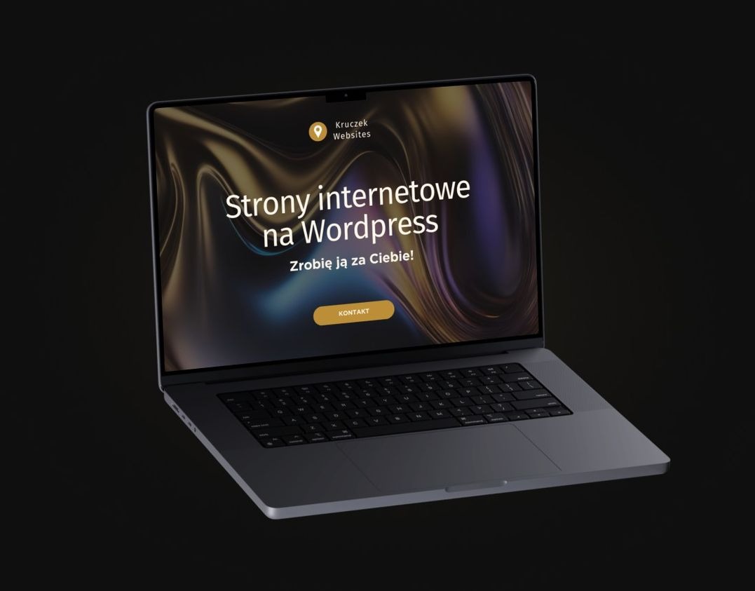 Laptop z wyświetloną stroną internetową na WordPress z abstrakcyjnym tłem i hasłem 'Zrobię ją za Ciebie!', na ciemnym tle.